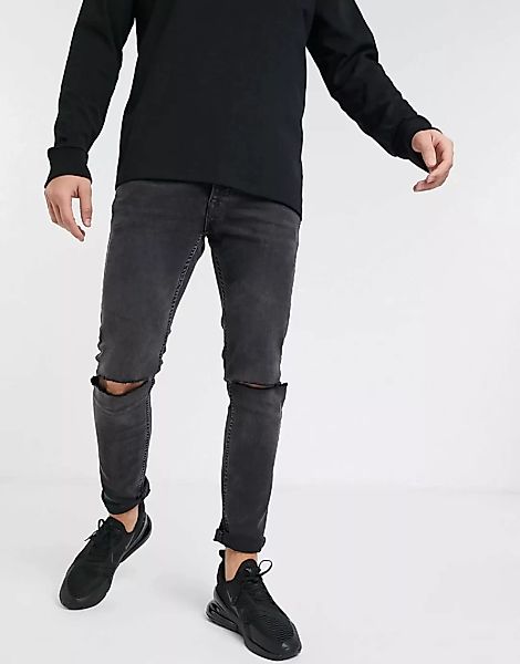 Topman – Enge Stretch-Jeans mit Knierissen in verwaschenem Schwarz günstig online kaufen