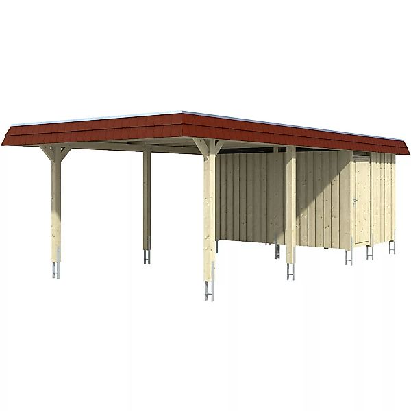 Skan Holz Carport Wendland Natur + Anbau 409 x 870 cm Alu-Dach Blende Rot günstig online kaufen
