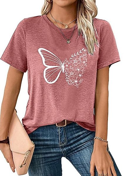 PYL Rundhalsshirt Damen bequemes Sommer Kurzarmbluse Locker Schmetterling P günstig online kaufen