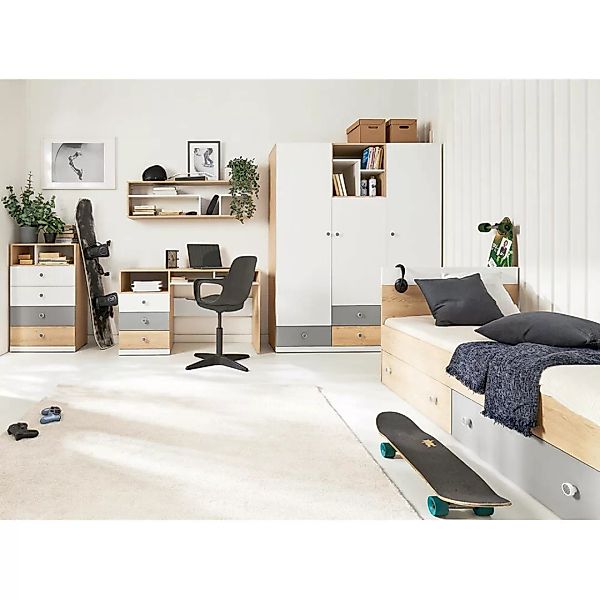 Jugendzimmer Schreibtisch Set in Eiche mit weiß und grau PINETO-133, 5-teil günstig online kaufen