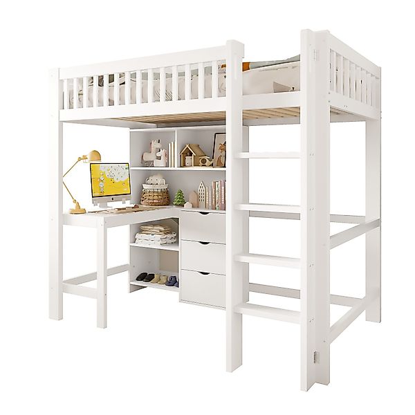 SOFTWEARY Hochbett mit Schreibtisch und Regal günstig online kaufen