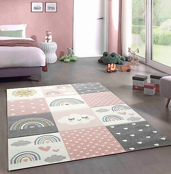 Carpetia Kinderteppich Kinderzimmer Herzchen Wolken Regenbogen rosa creme g günstig online kaufen