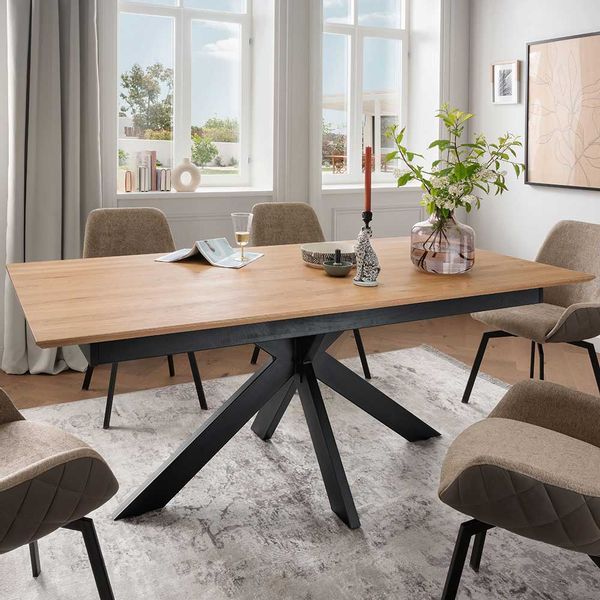 Wildeiche Tisch Esszimmer mit Schweizer Kante Spider Gestell günstig online kaufen