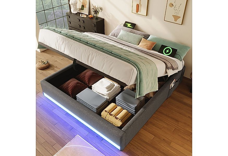 Flieks Polsterbett, Hydraulisches Stauraumbett 140x200cm mit LED & USB/Typ- günstig online kaufen