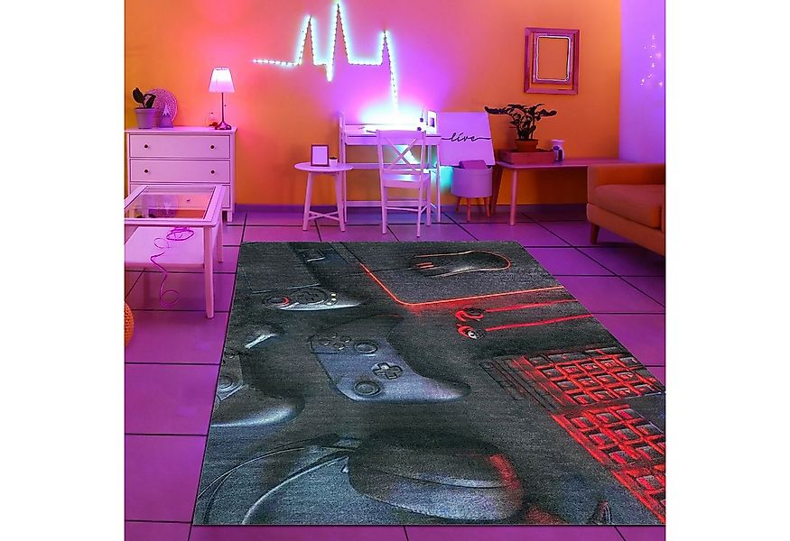 TeppichHome24 Kinderteppich Gaming Teppich mit Konsole und Joystick Schwarz günstig online kaufen