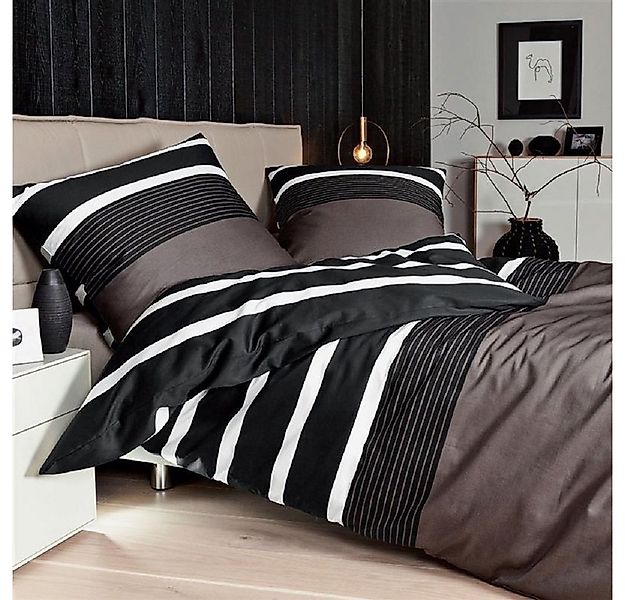 Janine Bettwäsche Biber 135x200 cm 80x80 cm Nougat schwarz Streifen, Feinbi günstig online kaufen