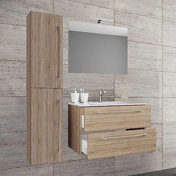 Badmöbel modern Sonoma Eiche 150 cm hoch die Wandmontage (dreiteilig) günstig online kaufen