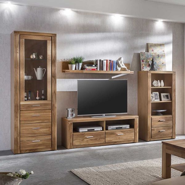 Holz Wohnwand aus Wildeiche geölt 200 cm hoch (vierteilig) günstig online kaufen