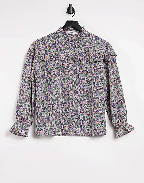 Only – Hemd mit Rüschenkragen in Pastell-Blumenmuster-Mehrfarbig günstig online kaufen