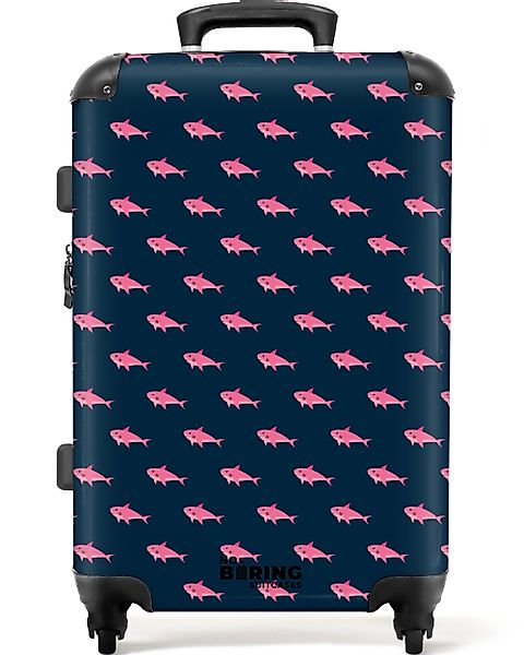 NoBoringSuitcases.com© Hartschalen-Trolley Blau mit rosa Hai-Aufdruck günstig online kaufen