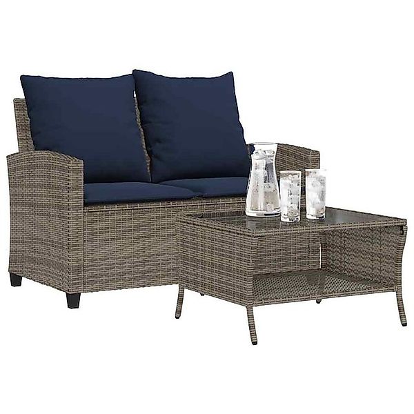 vidaXL Loungesofa Gartensofa 2-Sitzer mit Kissen & Tisch Grau Poly Rattan, günstig online kaufen