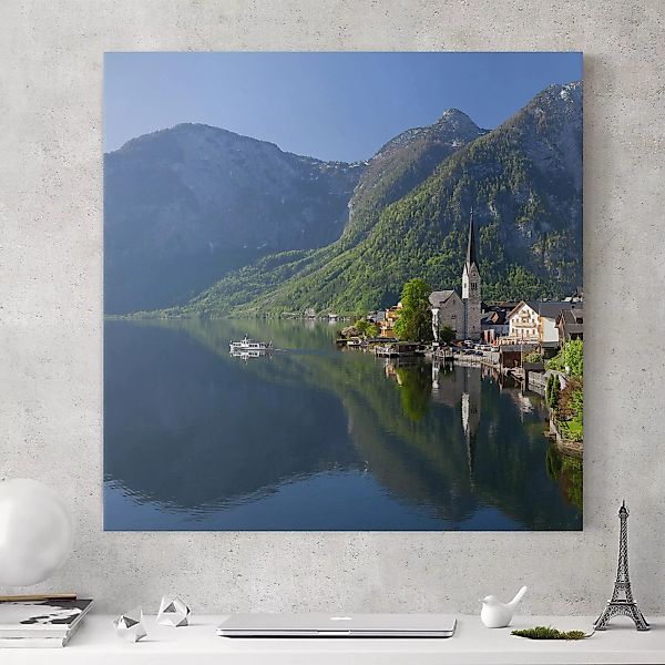 Leinwandbild - Quadrat Hallstätter See und Bergblick günstig online kaufen