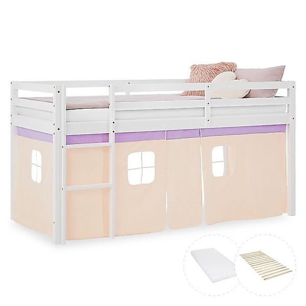 Homestyle4u Hochbett 90x200 Kinderbett Weiß Vorhang Beige Lila 1 Kind Kiefe günstig online kaufen