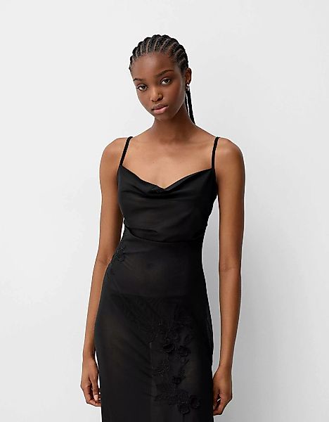 Bershka Maxikleid Mit Trägern Und Stickerei Damen M Schwarz günstig online kaufen