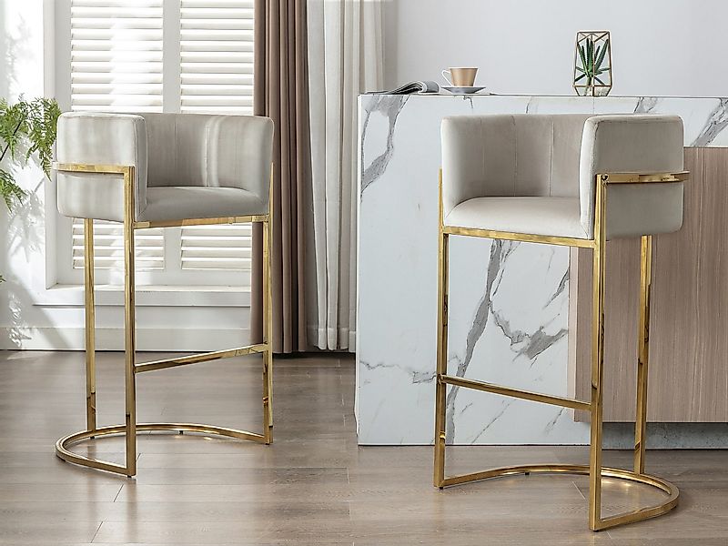 Barhocker - Samt & Edelstahl - Beige & Gold - PERIA von Pascal MORABITO günstig online kaufen