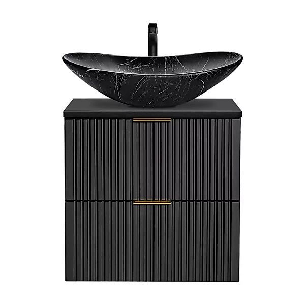 Badezimmer Waschtisch, 61cm, matt schwarz gerillt mit Keramik-Waschbecken s günstig online kaufen