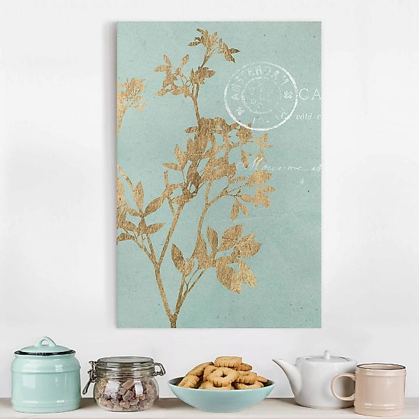 Leinwandbild - Hochformat Goldene Blätter auf Turquoise I günstig online kaufen