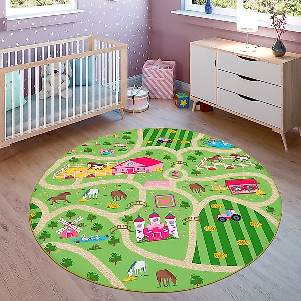 Paco Home Kinderteppich "Bino 560" rund 4 mm Höhe Kurzflor, Straßen-Spiel-T günstig online kaufen