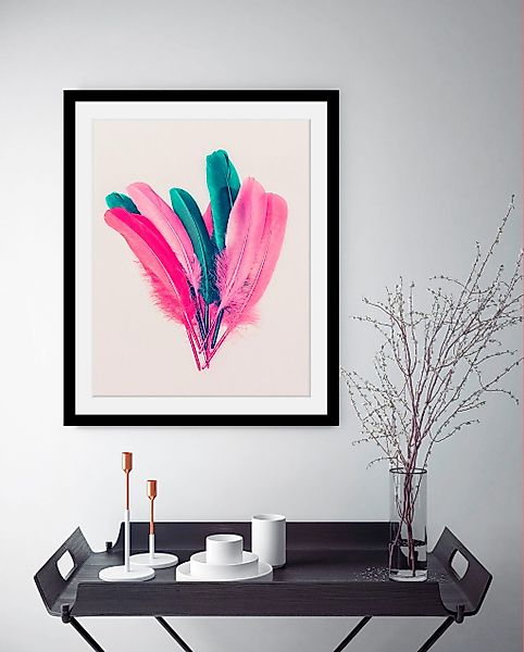 queence Bild »Federn«, Federn-Kunst, HD Premium Poster-Druck inkl. Holzrahm günstig online kaufen