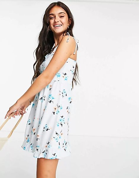 Miss Selfridge – Camisole-Minikleid mit Rüschenrand und Blumenmuster-Blau günstig online kaufen