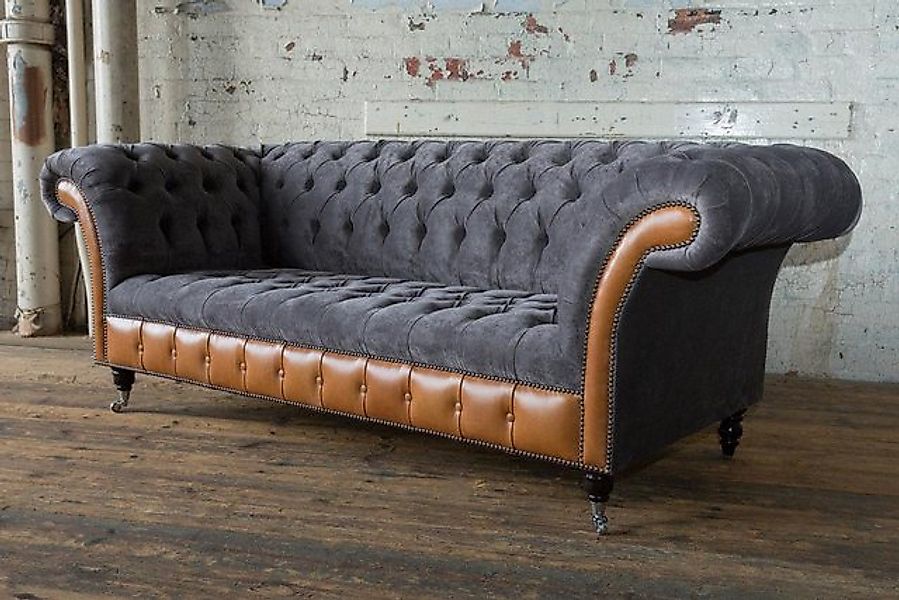 Xlmoebel 3-Sitzer Traditionelles Chesterfield Grau Leder Stoff Sofa Sitz Po günstig online kaufen