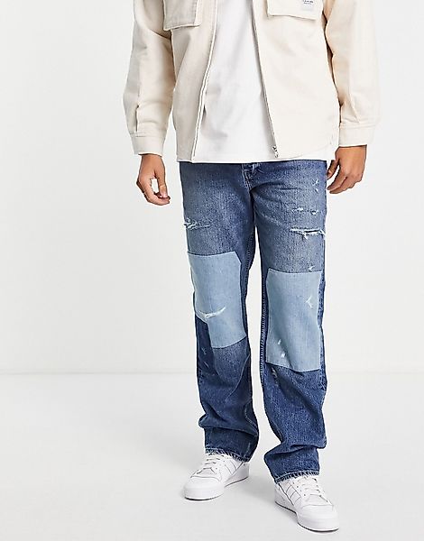 River Island – Jeans im Patchwork-Design mit weitem Schnitt in Mittelblau günstig online kaufen