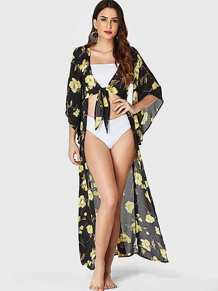 YOINS Black Random Blumendruck Unregelmäßige Ärmel Kimono günstig online kaufen