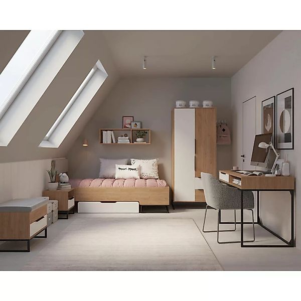 Kinderzimmer komplett Set, 90x200 cm Bett, Schreibtisch Eiche, weiß LUZZI-1 günstig online kaufen