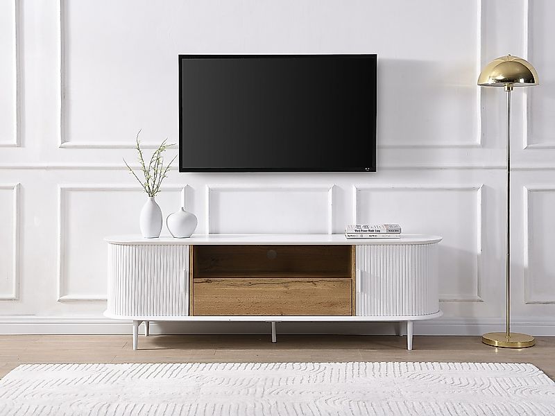 TV-Möbel mit 2 Schiebetüren, 1 Schublade & 1 Ablage - MDF - Weiß & Holzfarb günstig online kaufen