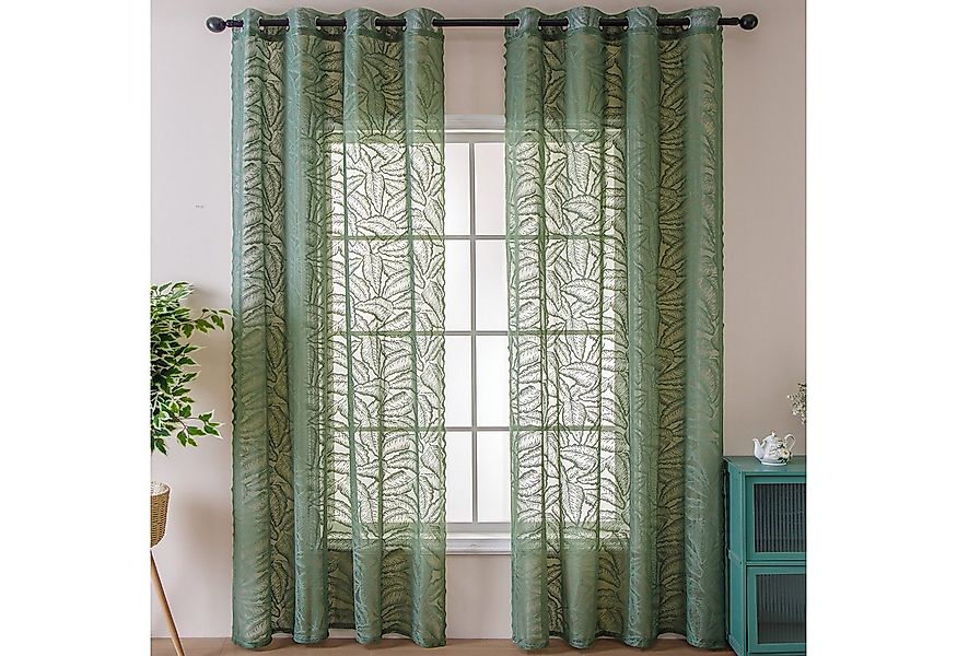 Refttenw Gardine Vorhang Halbtransparent mit Ösen, Olivgrüne Blattmuster Vo günstig online kaufen