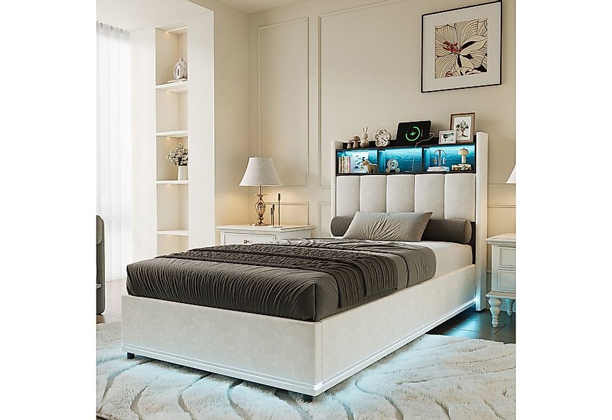 PXloue Polsterbett LED Doppelbett, Bettkasten, Ladefunktion, Samt, 90x200 c günstig online kaufen