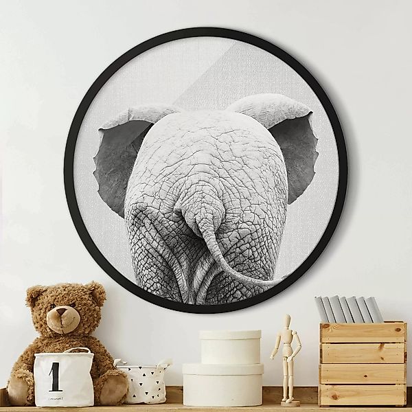 Rundes Gerahmtes Bild Baby Elefant von hinten Schwarz Weiß günstig online kaufen