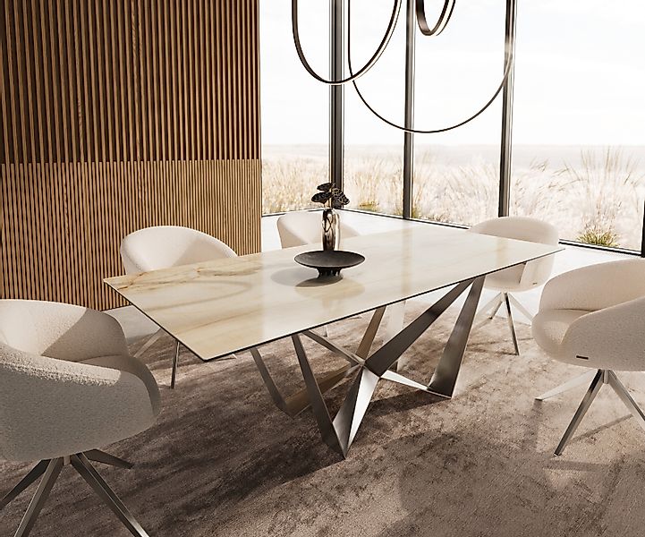 Esstisch Edge 180-220x100 Keramik Laminam® Onice Oro Spider Flachstahl Edel günstig online kaufen