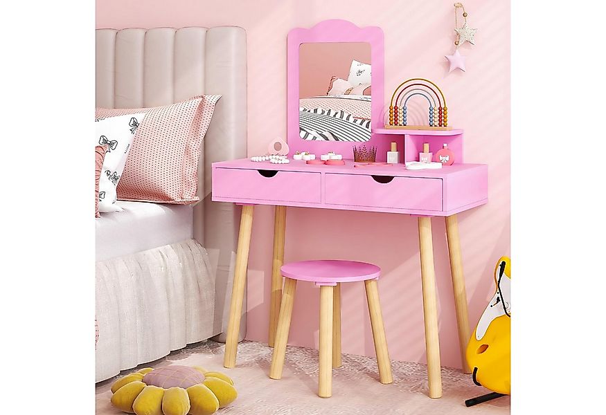 COSTWAY Schminktisch 2 in 1 Kinder Schreibtisch mit Hocker, aus Holz günstig online kaufen