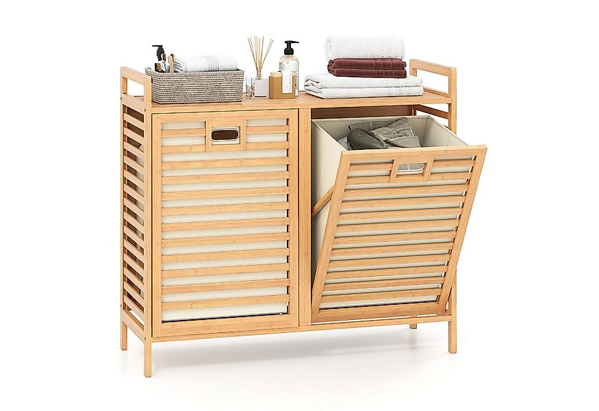 COSTWAY Wäscheschrank mit doppelt schwenkbarem Wäschekorb, 75L Bambus günstig online kaufen