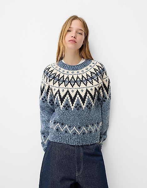 Bershka Pullover Aus Jacquard Mit Print Damen S Blau günstig online kaufen