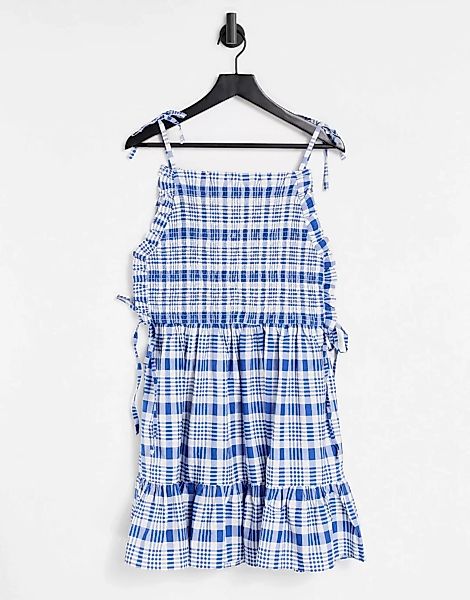 ASOS DESIGN – Kurzes Hängerkleid mit gesmoktem Oberteil in Blau und Weiß ka günstig online kaufen