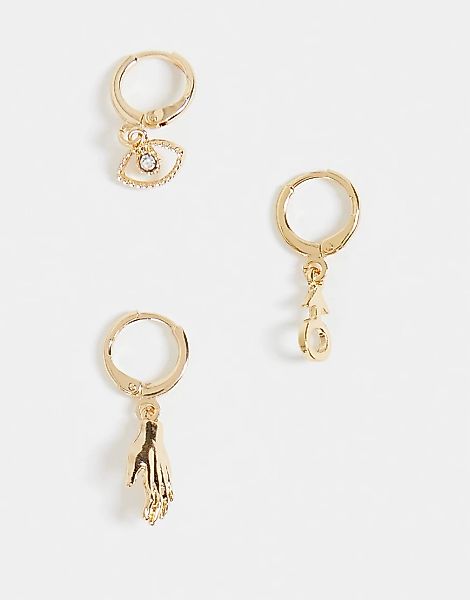 DesignB – 3er-Pack hängende Creolen-Ohrringe in Goldoptik-Goldfarben günstig online kaufen