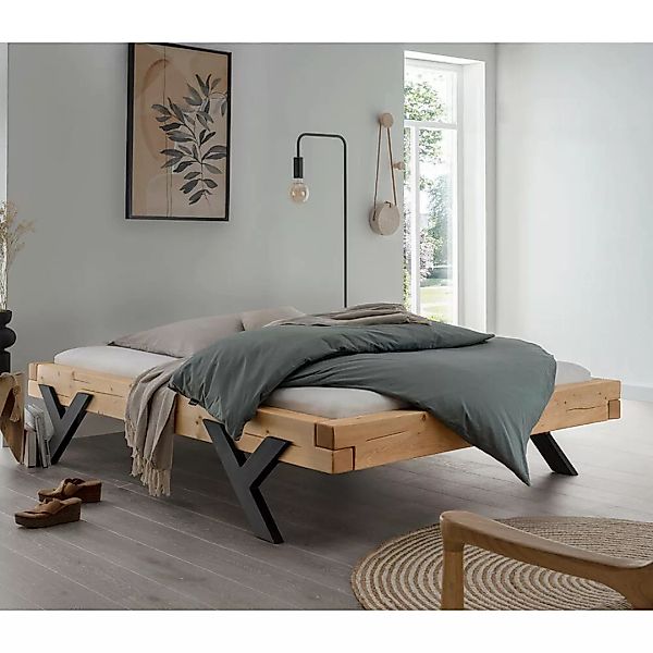 Massivholz Doppelbett, 160x200 cm, Fichte massiv, ohne Kopfteil, schwarze B günstig online kaufen