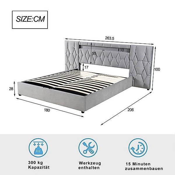 FOSMET Polsterbett Polsterbett 160x200 mit LED, USB, Stauraum, Samt, Kopfte günstig online kaufen