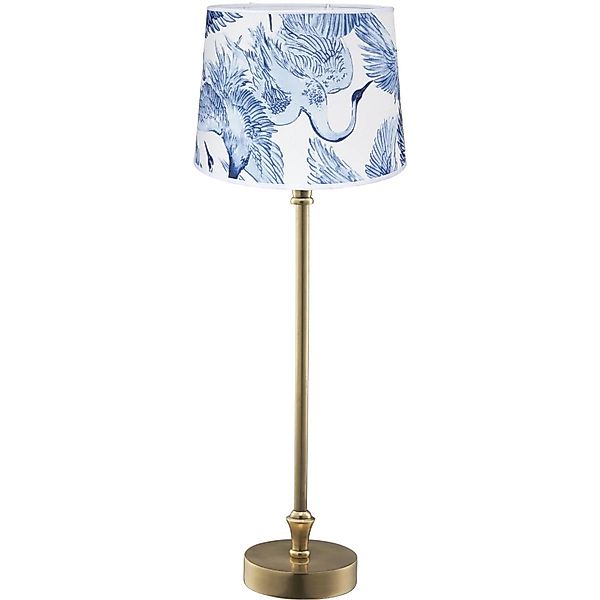 PR Home Liam schmale Fensterbank Tischlampe Messing Textilschirm Blau Vogel günstig online kaufen