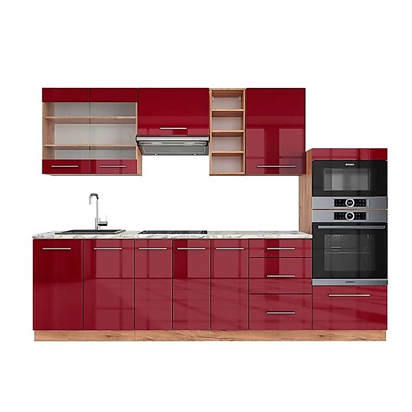 Vicco Fame-Line Küchenzeile Bordeaux Hochglanz/Goldkraft Eiche 280 cm AP Ma günstig online kaufen