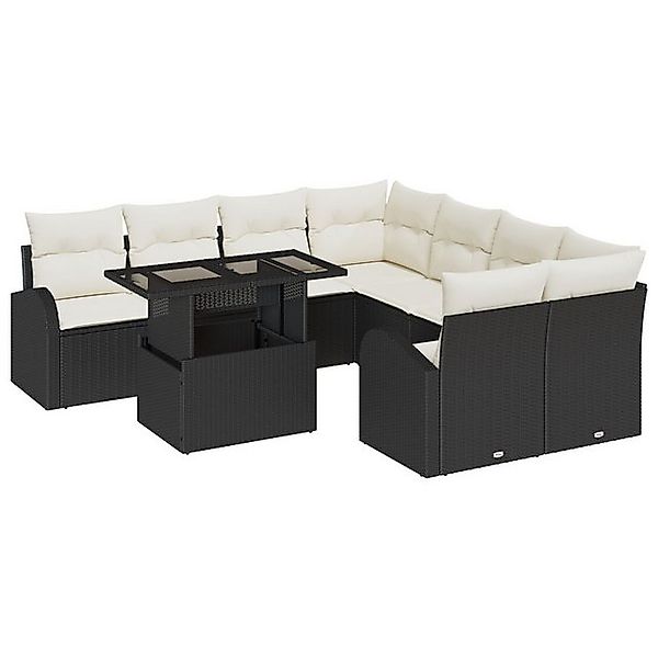 vidaXL Loungesofa 9-teiliges Garten-Sofa-Set mit Kissen Schwarz Poly Rattan günstig online kaufen