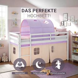 Homestyle4u Kinderbett Hochbett 90x200 mit Lattenrost Tunnel Vorhang Lila O günstig online kaufen
