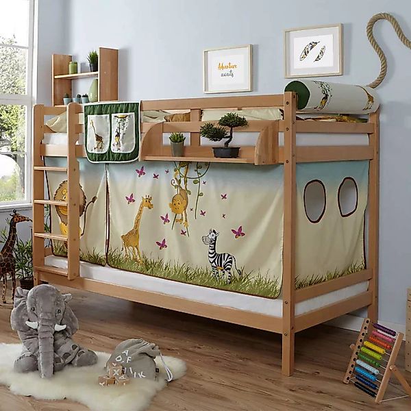 Kinderstockbett aus Buche Massivholz und Webstoff Zootier Motiv günstig online kaufen