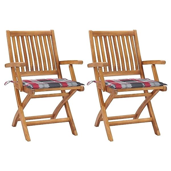 vidaXL Gartenstühle 2 Stk Rote Karomuster-Kissen Massivholz Teak 3062419 günstig online kaufen