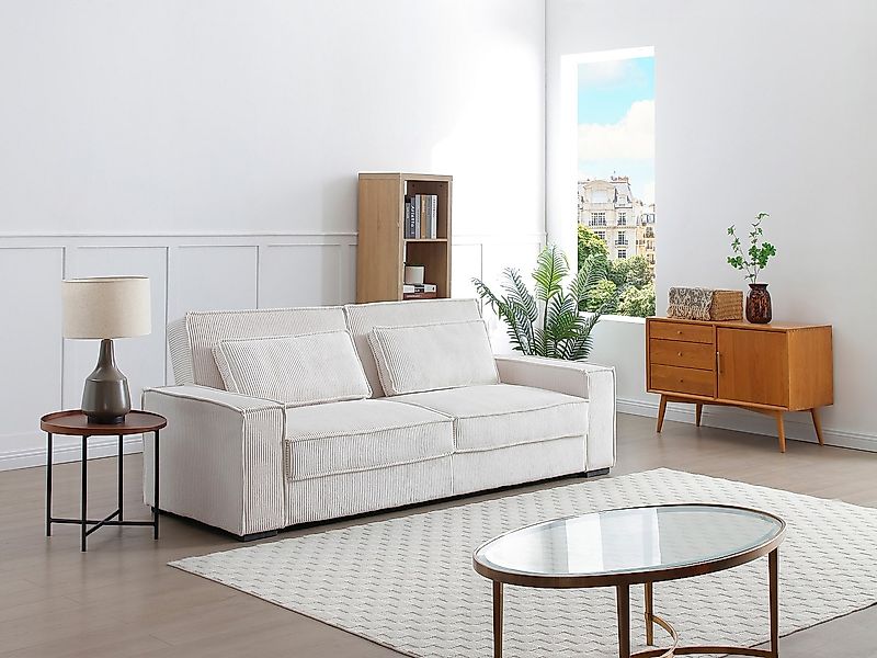 Sofa 3-Sitzer mit Schlaffunktion - Cord - Beige - FINORO günstig online kaufen