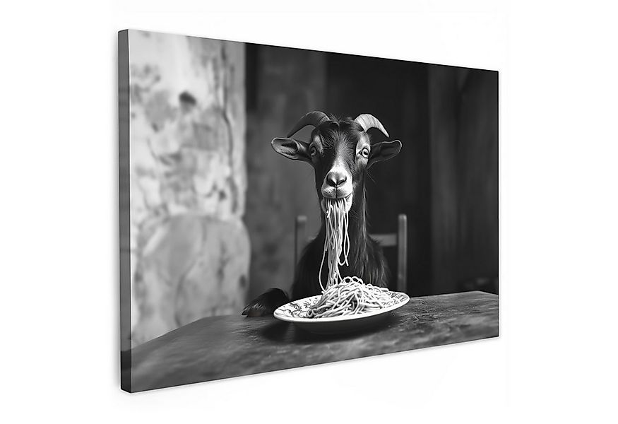 OneMillionCanvasses® Leinwandbild Ziege - Teller - Spaghetti - Schwarz und günstig online kaufen