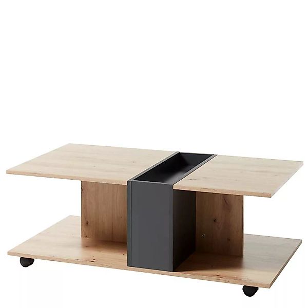 Wohnzimmer Tisch mit Rollen in Wildeichefarben und Grau 110 cm breit günstig online kaufen