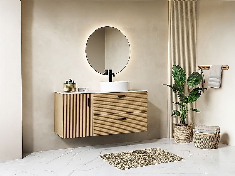 Badezimmermöbel geriffelt hängend mit Aufsatzwaschbecken rund - 1 Tür und 2 günstig online kaufen